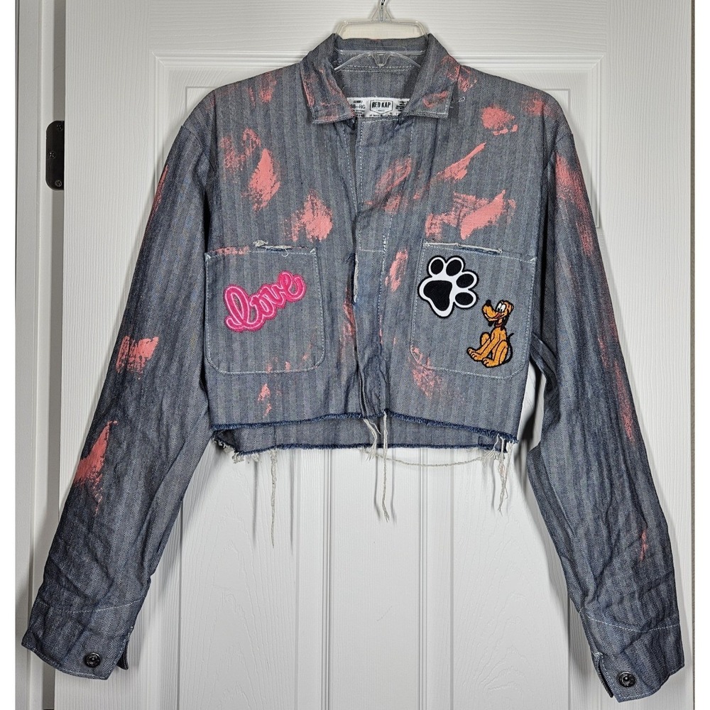 Upcycled Red Kap Distressed Cropped Jean Jacket Herringbone Grunge Art Festival